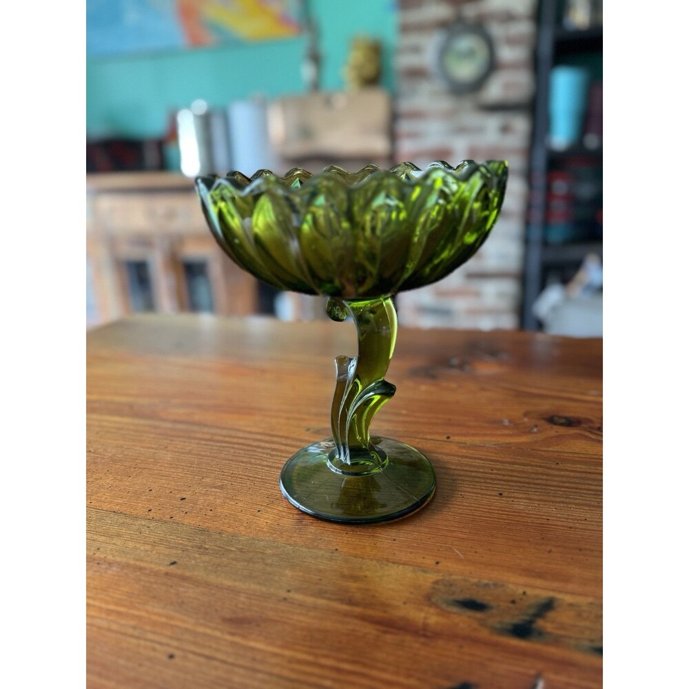 Indiana Glass Candy Dish Green Lotus Blossom Decorative Dish 7” Vintage